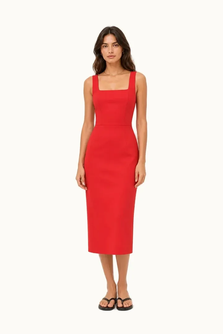 Red square-neck midi dress