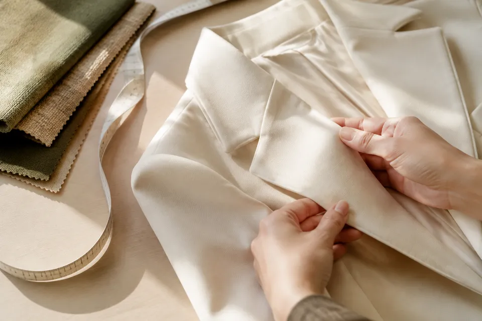 Hands reviewing the construction and finish of a cream garment alongside fabric swatches