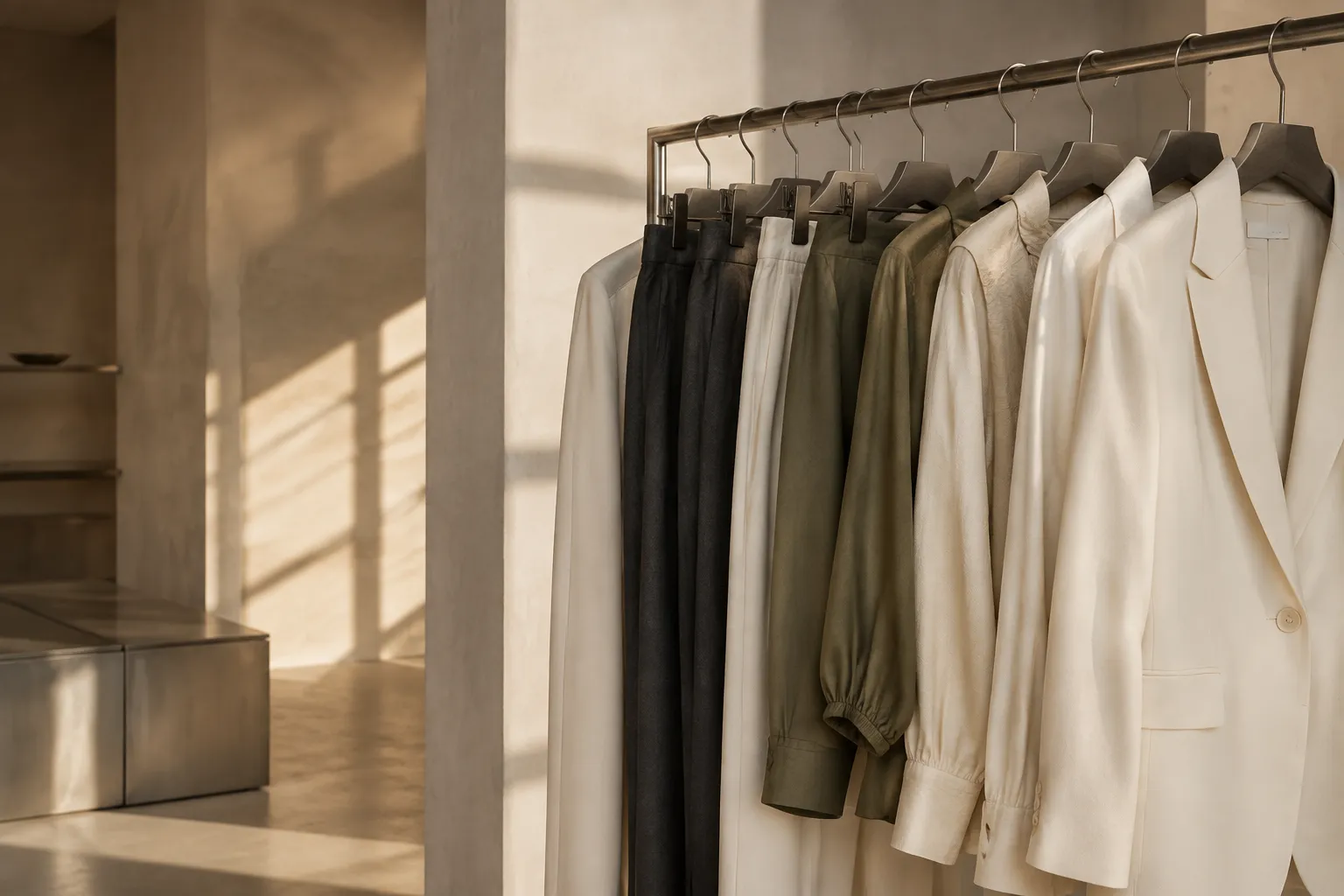 Contemporary apparel in cream, olive and charcoal on a sunlit showroom rail